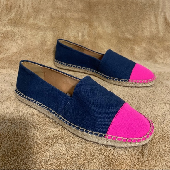 Women’s 9 1/2 J. CREW Navy Blue / Pink Cap Toe Canvas Espadrille Slip On Shoes - Picture 5 of 16